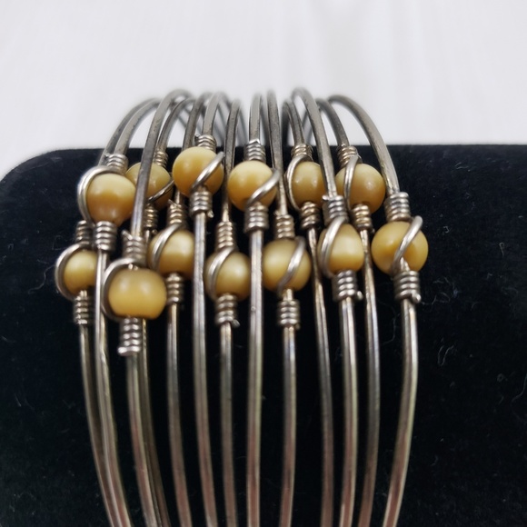 Silver Tone Cuff Bracelet Multi Wire Glass Beads - Picture 2 of 5